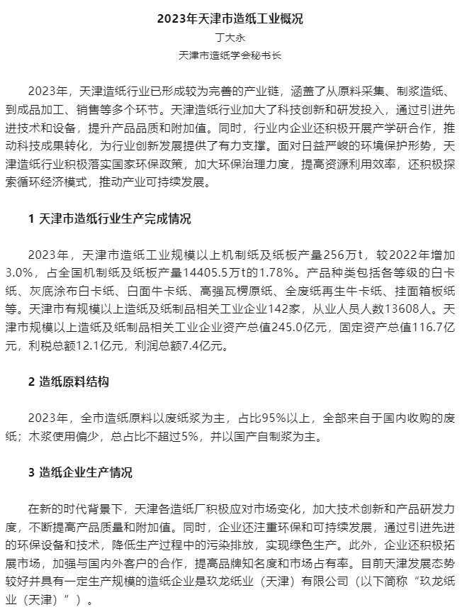 2023 Overview of Tianjin Paper Industry