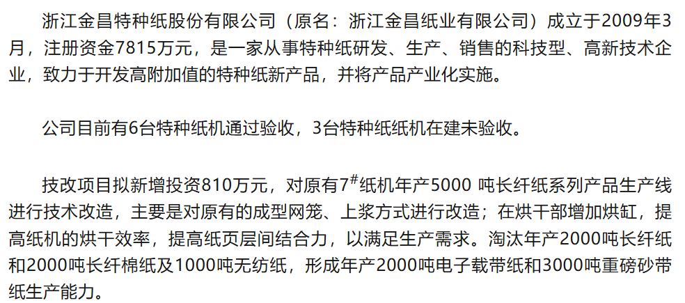 浙江金昌特种纸拟建年产5000吨高性能特种纸基材料技改项目