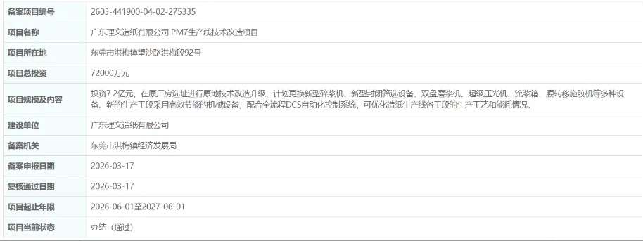 广东理文造纸有限公司PM7生产线技术改造项目备案通过