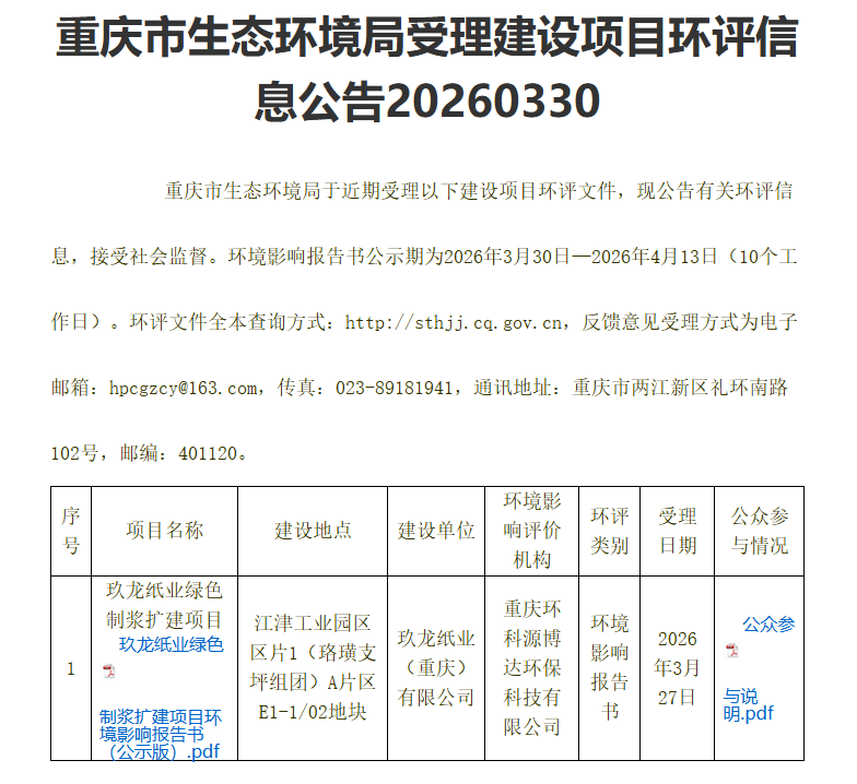 玖龙拟投资35亿元在重庆建设70万吨绿色制浆项目